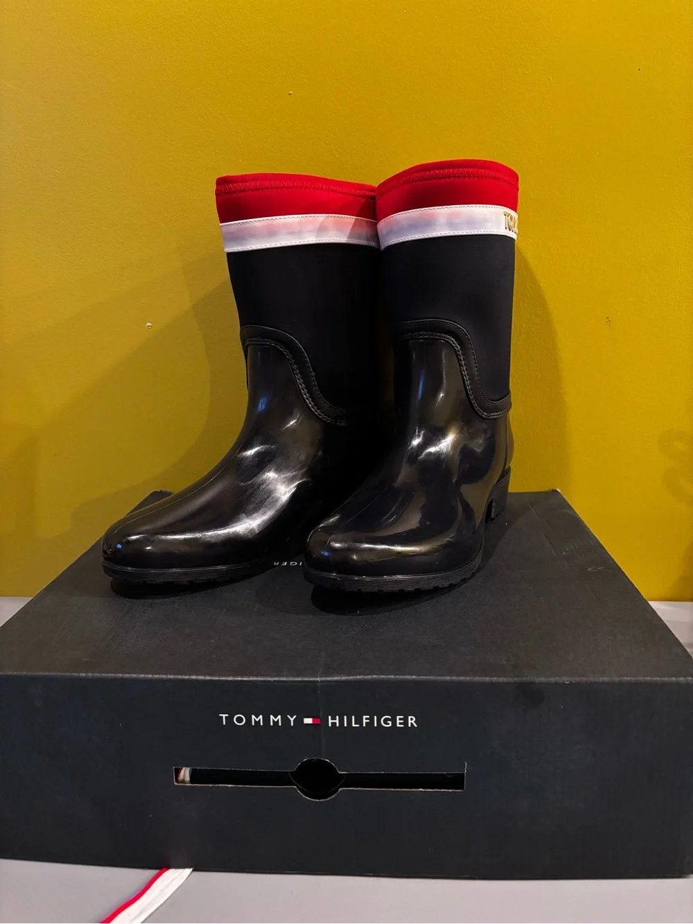 Tommy Hilfiger Black Rain Boot with Red & White Accent(HH)